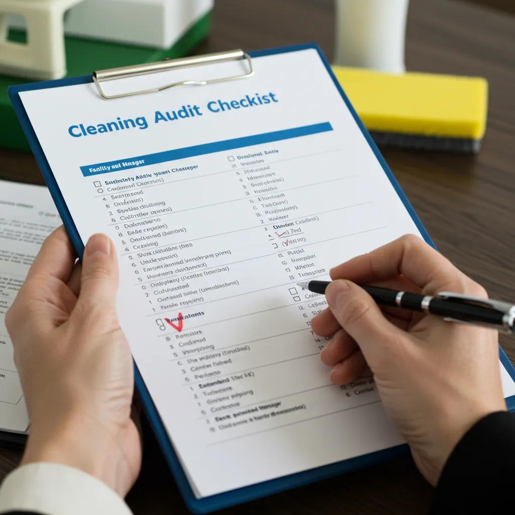 Hands holding a cleaning audit checklist, reviewing cleaning tasks and performance criteria for facility management, emphasizing systematic cleaning assessments and compliance.
