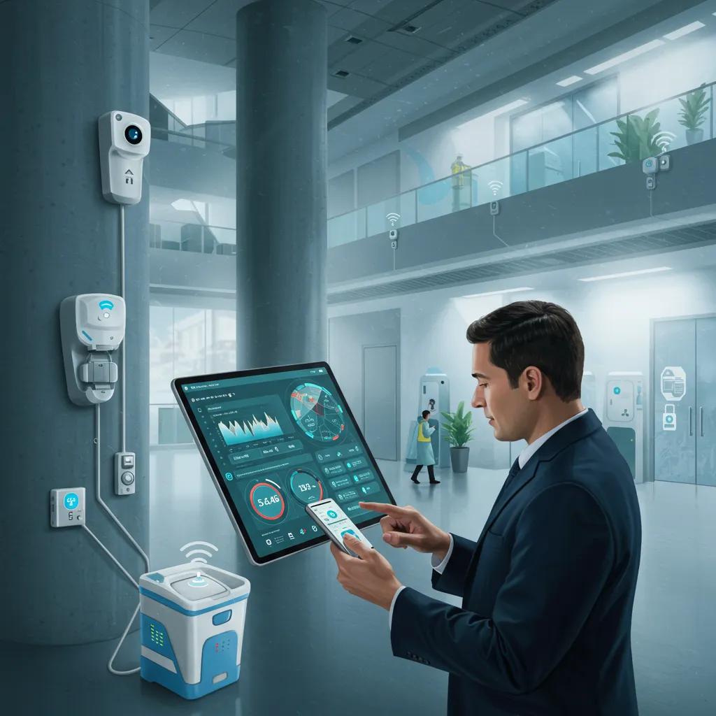 Facility manager using technology for cleaning assessments, analyzing data on tablet and smartphone, with IoT sensors and digital dashboards in a modern facility setting.