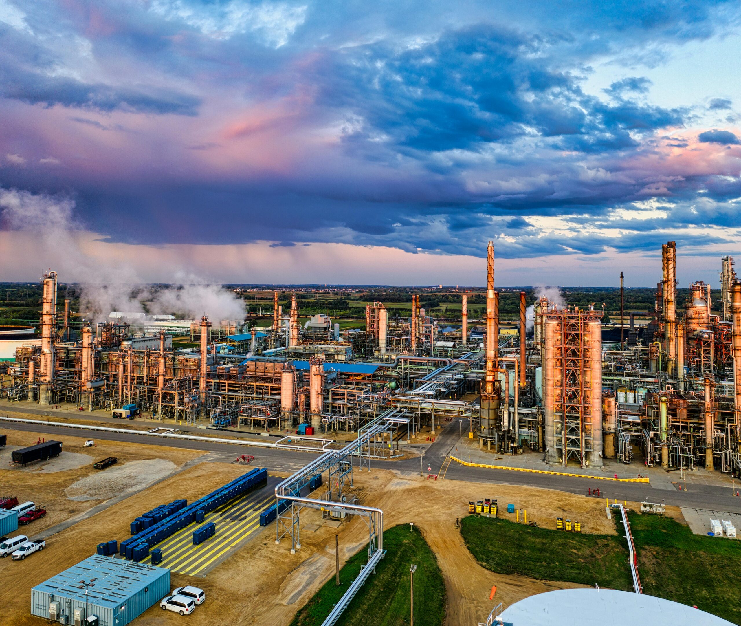 Chemical processing plant with industrial structures, smokestacks, and pipelines under a dramatic sky, representing maintenance and safety in the chemical industry.